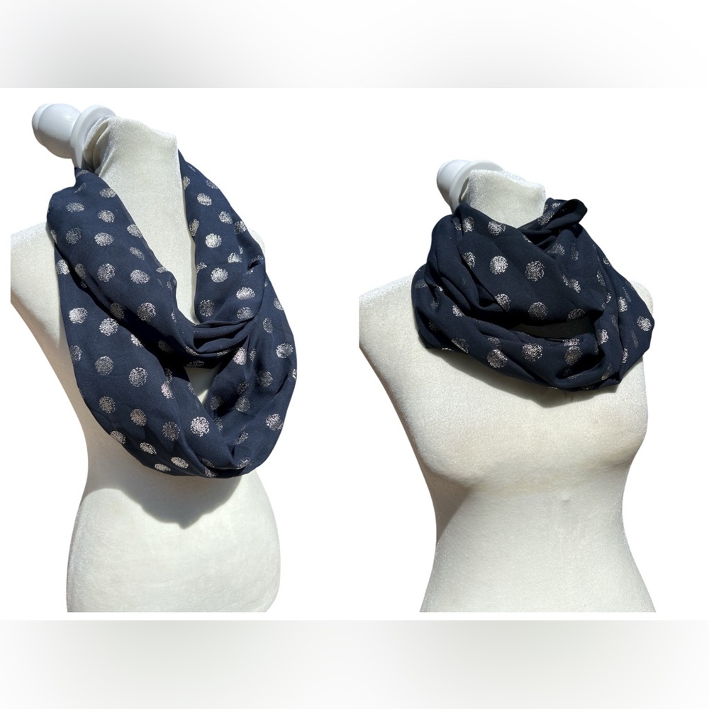 Chico's Infinity Scarf Wrap Navy Blue Silver Balls Polka Dot